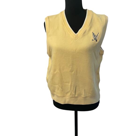 women's Cutter & Buck Vest MEDIUM yellow knit white stripe embroider logo cotton - Picture 1 of 16